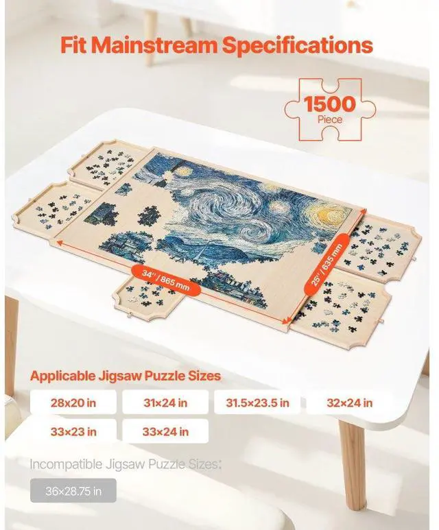 Alt view image 2 of 7 - 1500 Piece Puzzle Board with Drawer Cover Portable Wooden Jigsaw 34x25 in