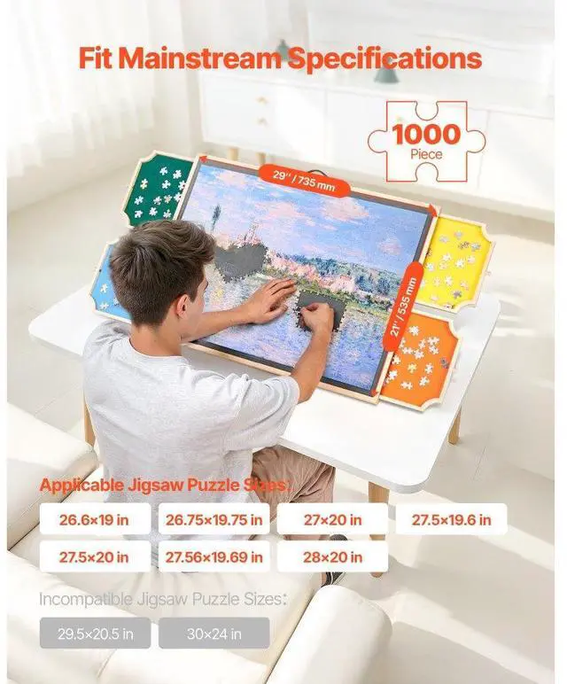 Alt view image 2 of 7 - 1000 Piece Puzzle Board with Drawer Cover Portable Wooden Jigsaw 29x21 in