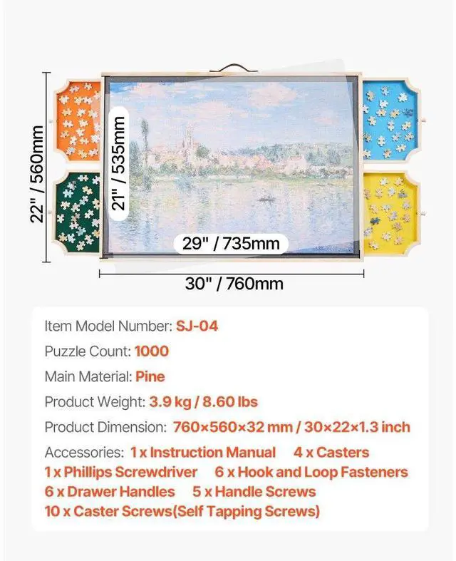 Alt view image 7 of 7 - 1000 Piece Puzzle Board with Drawer Cover Portable Wooden Jigsaw 29x21 in