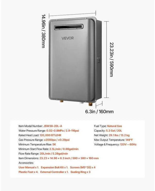 Alt view image 7 of 7 - Gas Tankless Water Heater 5.3Gal 120000 BTU Smart Temp Control