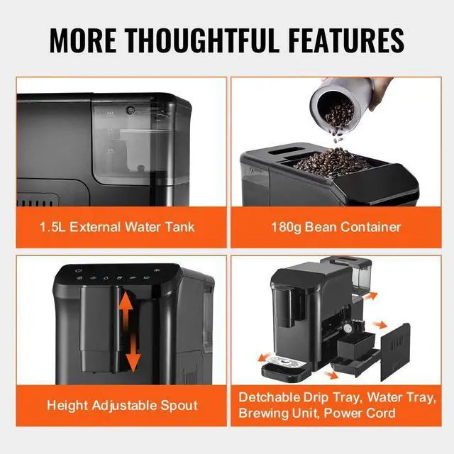 Alt view image 6 of 7 - Automatic Espresso Machine 15Bar with Built-In Grinder & 15 Grinding Level