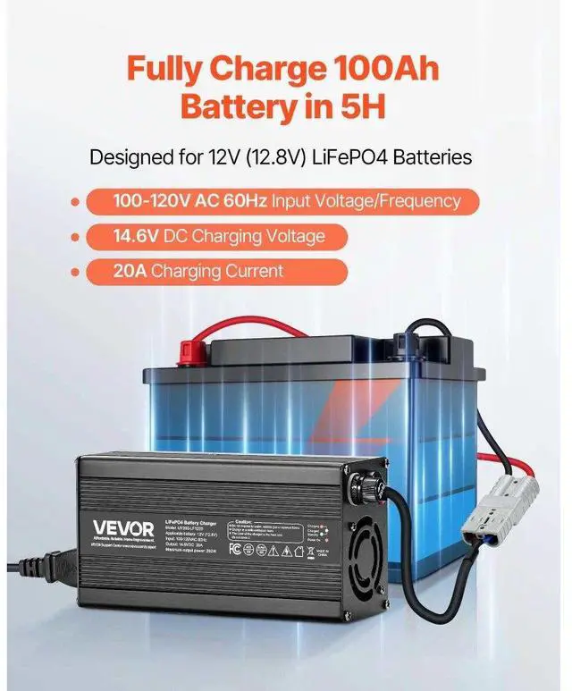 Alt view image 2 of 7 - VEVOR 12V 20A Lithium Battery Charger 14.6V AC-DC LiFePO4 Smart Charger for RV