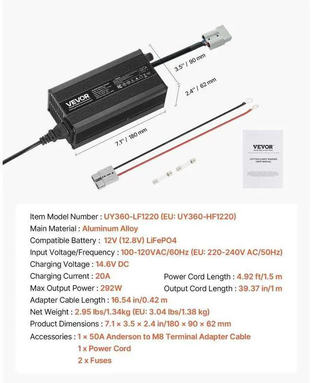 Alt view image 7 of 7 - VEVOR 12V 20A Lithium Battery Charger 14.6V AC-DC LiFePO4 Smart Charger for RV