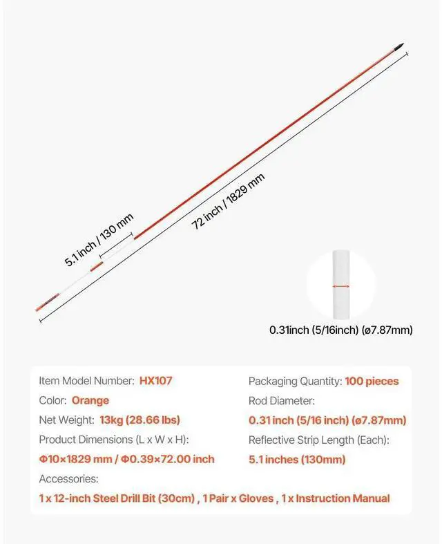 Alt view image 7 of 7 - 100Pcs Reflective Driveway Markers 5/16" Dia 72 in Snow Stakes Reflectors Orange