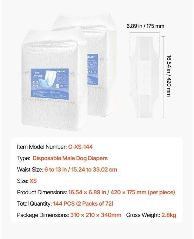 Alt view image 7 of 7 - VEVOR Disposable Male Dog Diapers Super Absorbent Male Dog Wraps XS 144 Count