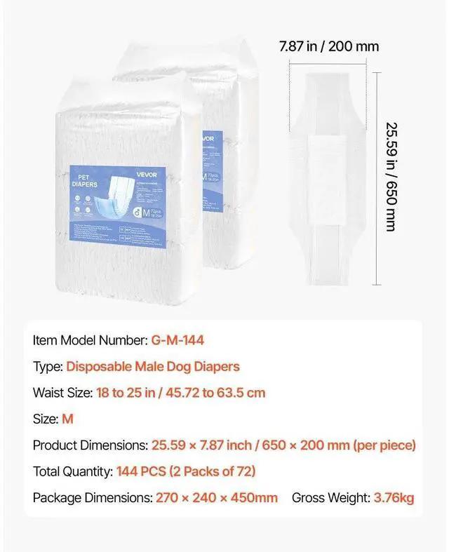 Alt view image 7 of 7 - VEVOR Disposable Male Dog Diapers Super Absorbent Male Dog Wraps M 144 Count