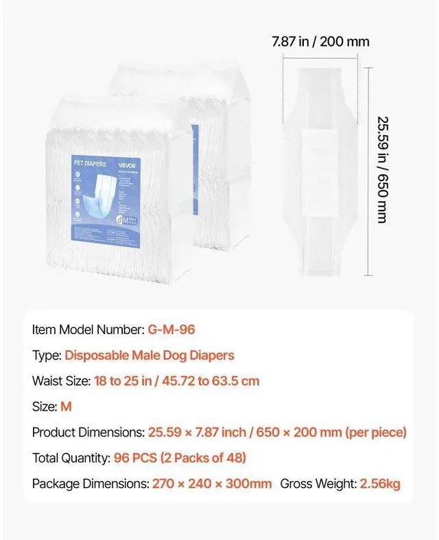 Alt view image 7 of 7 - VEVOR Disposable Male Dog Diapers Super Absorbent Male Dog Wraps M Size 96 Count