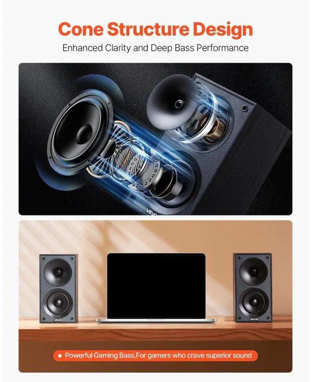 Alt view image 3 of 7 - Passive Bookshelf Home Speakers Pair of Stereo Audio Speakers Cone 70Hz-20KHz