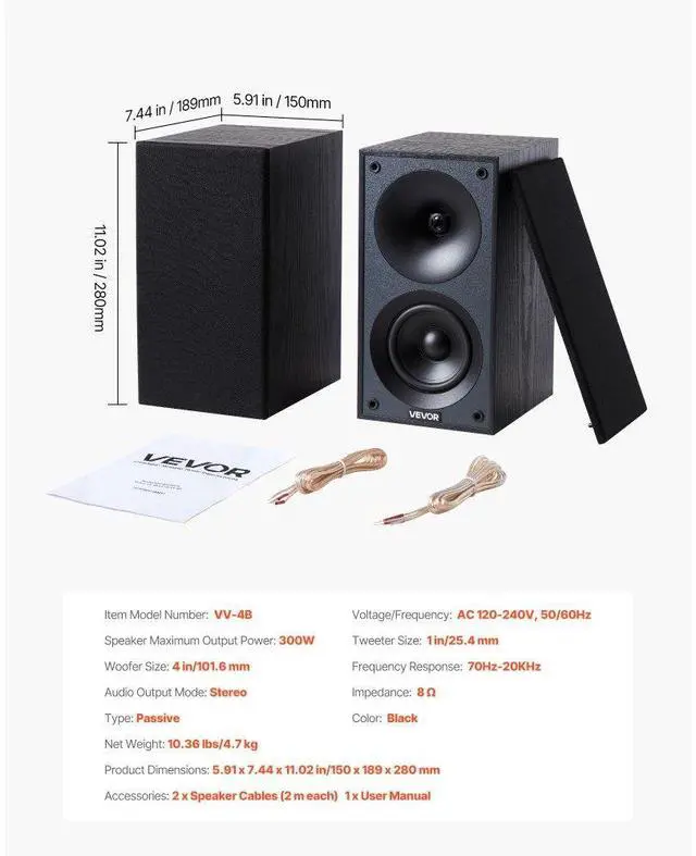 Alt view image 7 of 7 - Passive Bookshelf Home Speakers Pair of Stereo Audio Speakers Cone 70Hz-20KHz