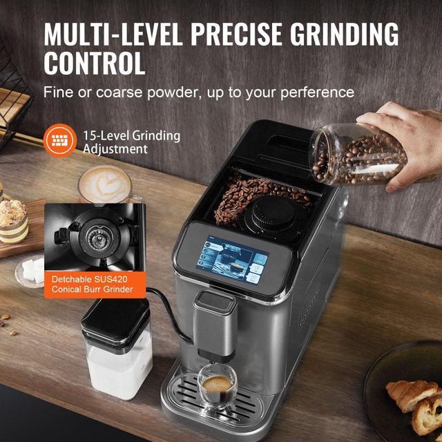 Alt view image 3 of 7 - Fully Automatic Espresso Machine 20 Bar with Auto Milk Frother & Grinder
