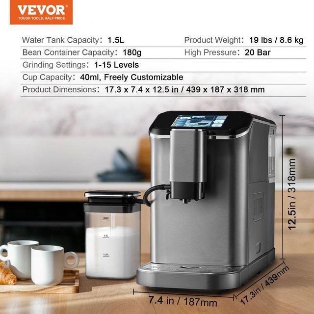 Alt view image 7 of 7 - Fully Automatic Espresso Machine 20 Bar with Auto Milk Frother & Grinder
