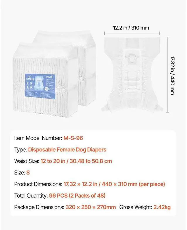 Alt view image 7 of 7 - VEVOR Disposable Dog Diapers Super Absorbent Female Dog Diapers S Size 96 Count