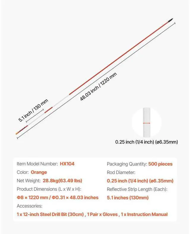 Alt view image 7 of 7 - 500Pcs Reflective Driveway Markers 1/4" Dia 48 in Snow Stakes Reflectors Orange