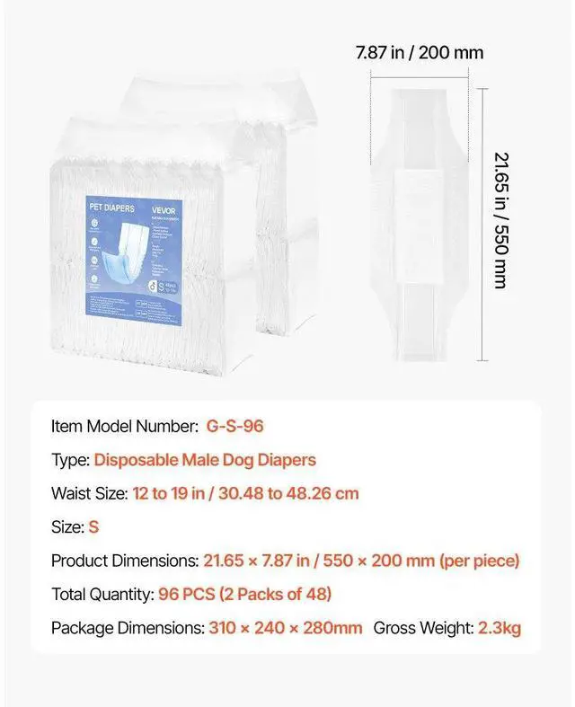 Alt view image 7 of 7 - VEVOR Disposable Male Dog Diapers Super Absorbent Male Dog Wraps S Size 96 Count
