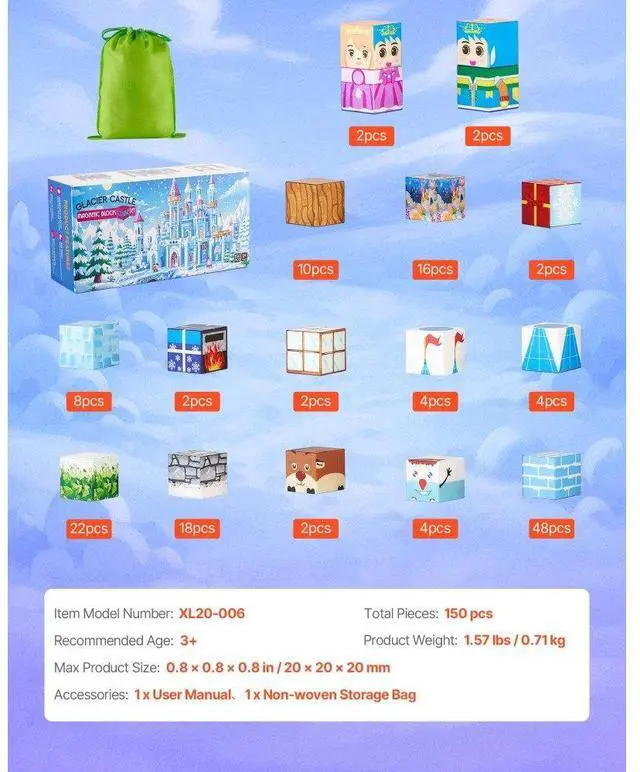 Alt view image 7 of 7 - VEVOR Magnetic Blocks 150 PCS Glacier Castle Set STEM Montessori Sensory Toys