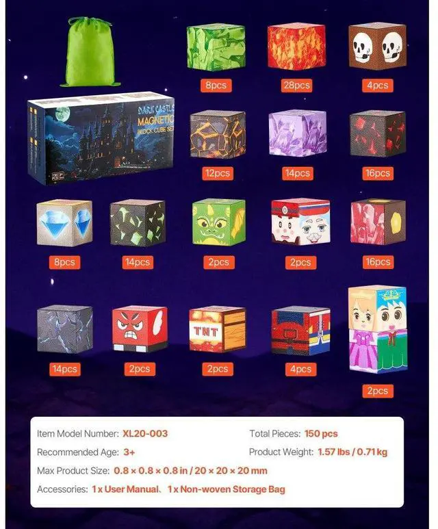 Alt view image 7 of 7 - VEVOR Magnetic Blocks 150 PCS Dark Castle Set STEM Montessori Sensory Toys