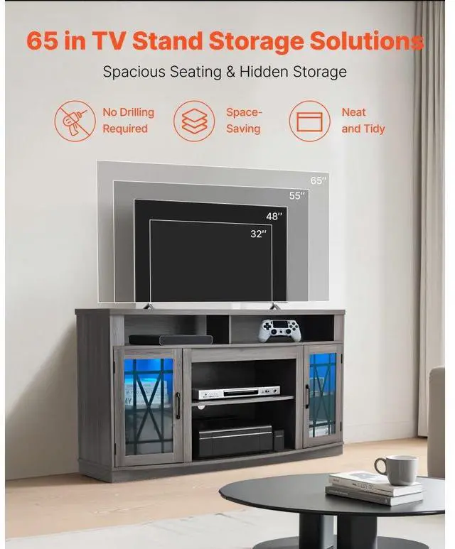 Alt view image 2 of 7 - VEVOR TV Stand for 65 in TVs Farmhouse Entertainment Center with Light Strip