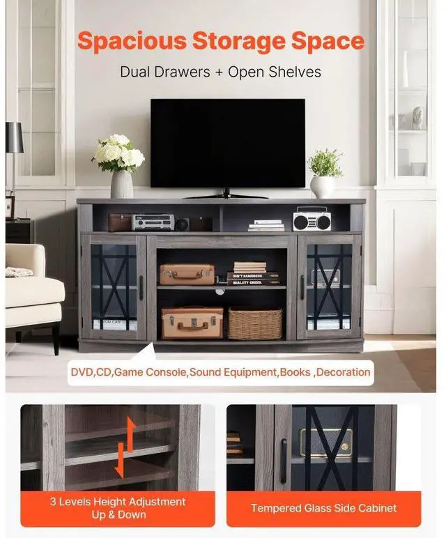 Alt view image 3 of 7 - VEVOR TV Stand for 65 in TVs Farmhouse Entertainment Center with Light Strip