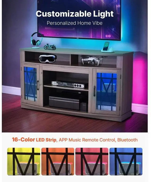 Alt view image 4 of 7 - VEVOR TV Stand for 65 in TVs Farmhouse Entertainment Center with Light Strip