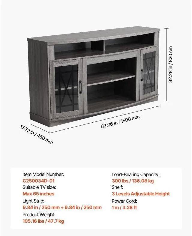 Alt view image 7 of 7 - VEVOR TV Stand for 65 in TVs Farmhouse Entertainment Center with Light Strip