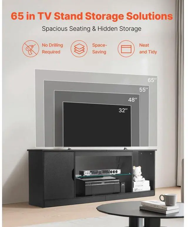 Alt view image 2 of 7 - VEVOR TV Stand for TVs up to 65 in Modern Entertainment Center with Glass Shelf
