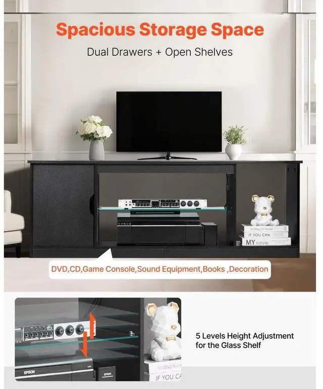 Alt view image 3 of 7 - VEVOR TV Stand for TVs up to 65 in Modern Entertainment Center with Glass Shelf
