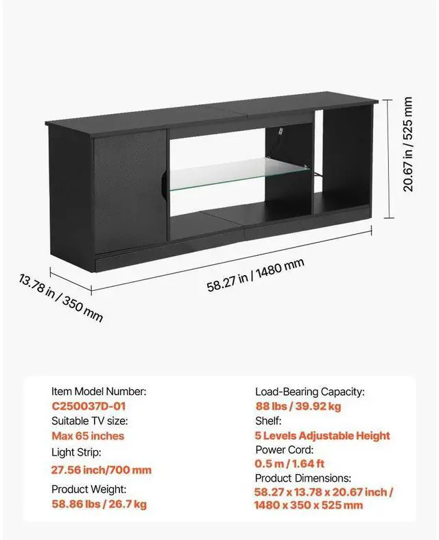 Alt view image 7 of 7 - VEVOR TV Stand for TVs up to 65 in Modern Entertainment Center with Glass Shelf