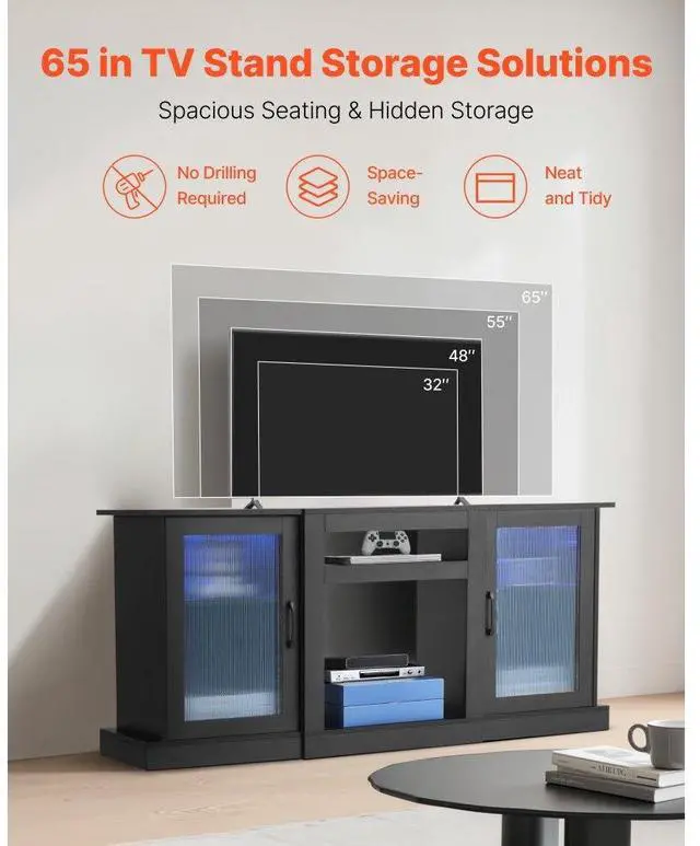 Alt view image 2 of 7 - VEVOR TV Stand for TVs up to 65 in Modern Entertainment Center with Glass Doors