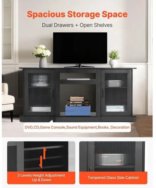Alt view image 3 of 7 - VEVOR TV Stand for TVs up to 65 in Modern Entertainment Center with Glass Doors
