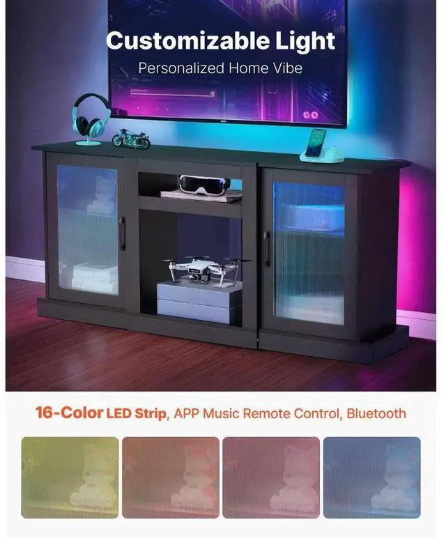 Alt view image 4 of 7 - VEVOR TV Stand for TVs up to 65 in Modern Entertainment Center with Glass Doors