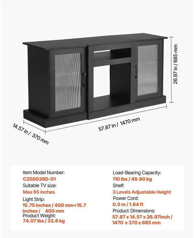 Alt view image 7 of 7 - VEVOR TV Stand for TVs up to 65 in Modern Entertainment Center with Glass Doors