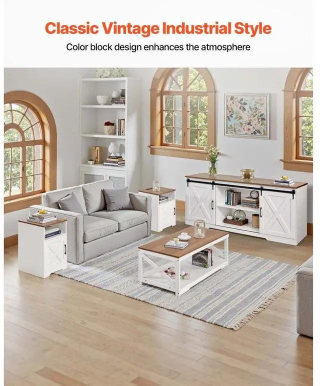 Alt view image 2 of 7 - 4 Piece Farmhouse Coffee Table Set with 66 in TV Stand & 2 End Tables