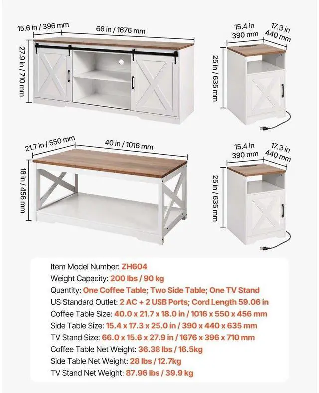 Alt view image 7 of 7 - 4 Piece Farmhouse Coffee Table Set with 66 in TV Stand & 2 End Tables