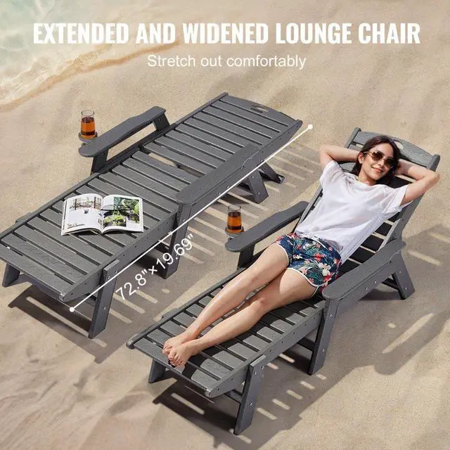 Alt view image 5 of 7 - Outdoor Chaise Lounge Chair 6 Position Adjustable Reclining Bench Lounger Gray