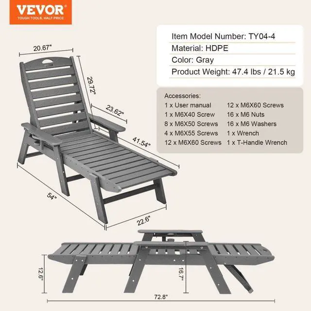 Alt view image 7 of 7 - Outdoor Chaise Lounge Chair 6 Position Adjustable Reclining Bench Lounger Gray