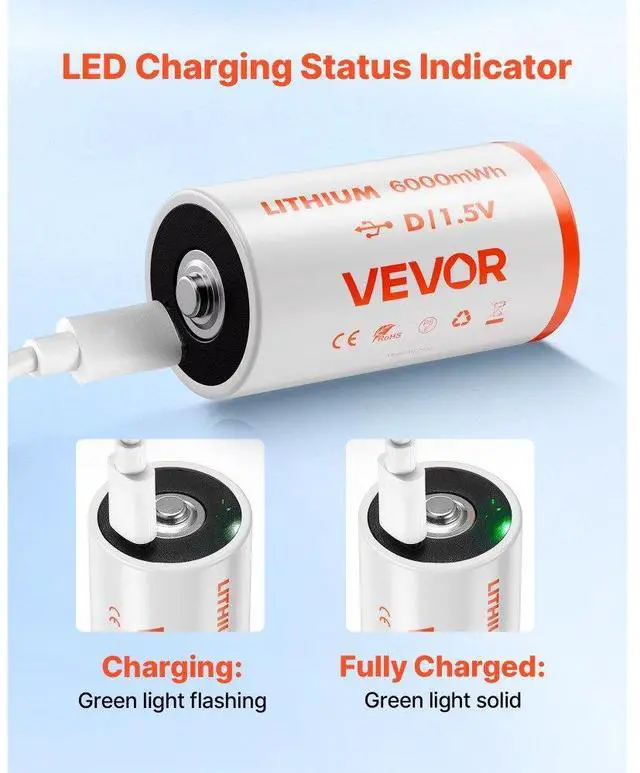 Alt view image 4 of 7 - VEVOR Rechargeable D Batteries 4 Pack 1.5V 6000mWh Lithium D Battery USB-C Cable
