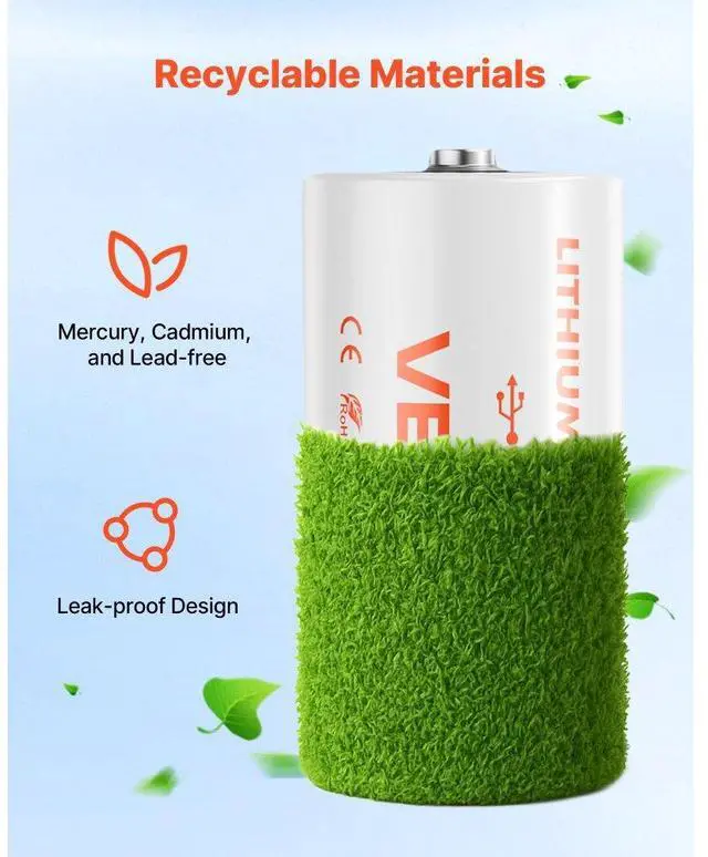 Alt view image 6 of 7 - VEVOR Rechargeable D Batteries 4 Pack 1.5V 6000mWh Lithium D Battery USB-C Cable