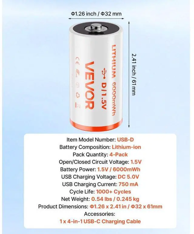 Alt view image 7 of 7 - VEVOR Rechargeable D Batteries 4 Pack 1.5V 6000mWh Lithium D Battery USB-C Cable