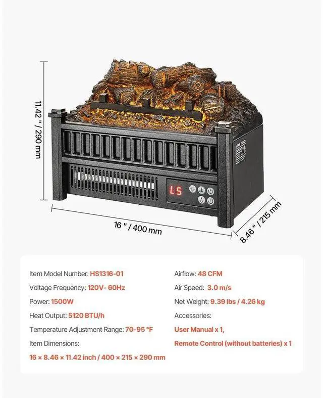 Alt view image 7 of 7 - 16 Inch Electric Fireplace Log Heater with Remote 5 Flame Brightness Timer