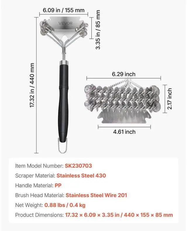 Alt view image 7 of 7 - BBQ Grill Brush and Scraper Stainless Steel Bristle Free Grill Cleaner 17 in