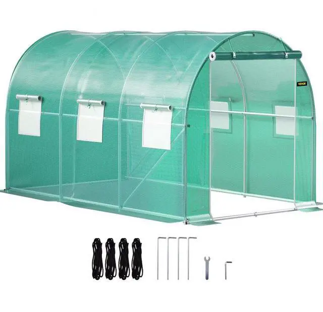 Alt view image 3 of 3 - VEVOR Walk-in Tunnel Greenhouse, 12 x 7 x 7 ft Portable Plant Hot House w/ Galvanized Steel Hoops, 1 Top Beam, Diagonal Poles, Zippered Door & 6 Roll-up Windows, Green
