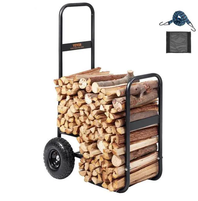 Alt view image 2 of 2 - VEVOR Firewood Log Cart, 250 lbs Load Capacity, Outdoor and Indoor Wood Rack Storage Mover with Pneumatic Rubber Wheels, Heavy Duty Steel Dolly Hauler, Firewood Carrier for Fireplace, Fire Pit, Black