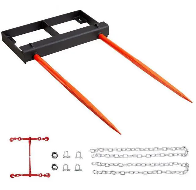 Alt view image 2 of 9 - VEVOR 49" Hay Spear, Bale Spears 3000lbs Loading Capacity, Skid Steer Loader Tractor Bucket Attachment with 2pcs 17.5" Stabilizer Spears and 60" Chain, Quick Attach Spike Forks
