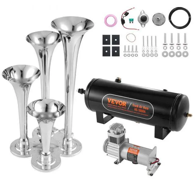 Alt view image 2 of 2 - VEVOR Train Horns Kit, 4 Trumpet Air Horn Kit, 150dB Train Horns for Pickup Trucks, 12V 160 psi Air Compressor 2.6 Gal/10 L Tank with Gauge for Any 12V Vehicle Car Truck Train Van Boat