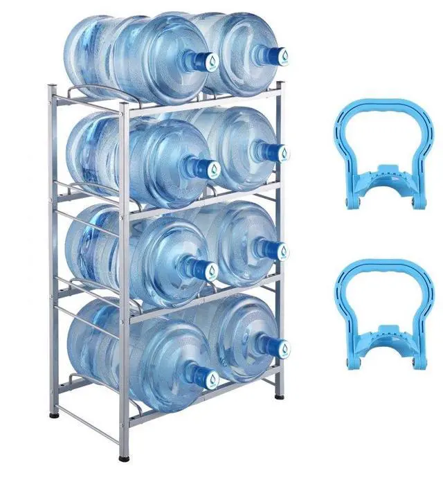 Main image of VEVOR 4 Tiers Water Jug Holder Double Row Water Bottle Rack for 8 Bottles Storage Detachable Heavy Duty Water Jug Organizer Stand for Home Office Kitchen Silver, Detachable Water Storage Shelf Organi