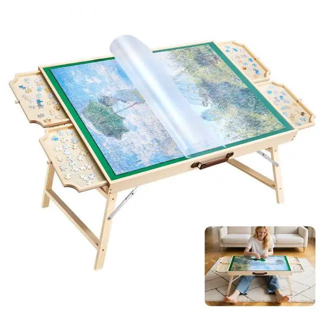 Main image of 1500 Piece Puzzle Board with Folding Leg Drawer Portable Wooden Jigsaw 34x25 in