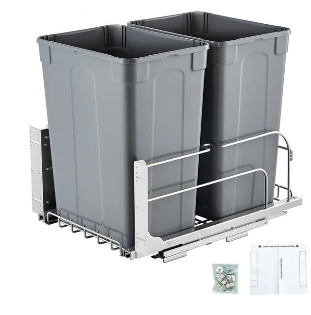 Main image of Double Pullout Waste Container Kitchen Trash Can with Soft Close Grey 35QTx2