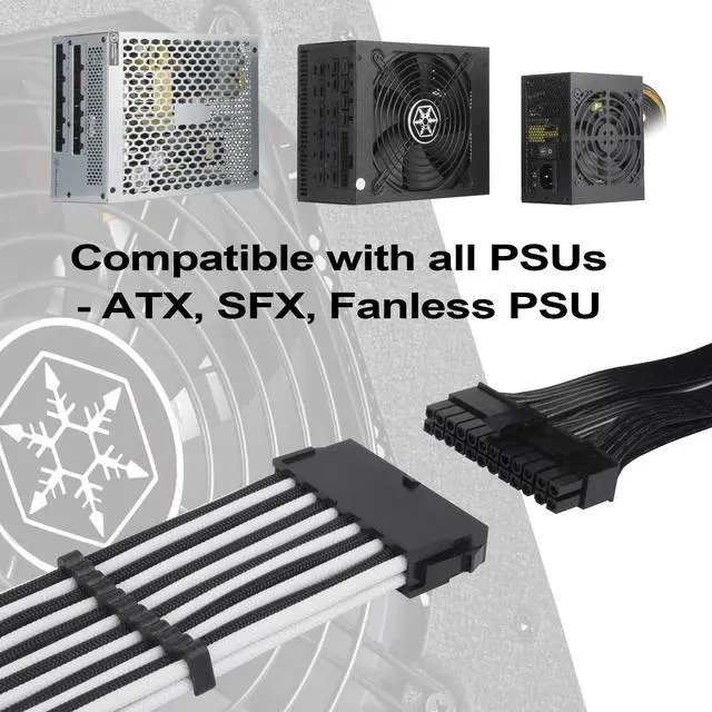 Alt view image 11 of 14 - SST-PP07E-MBBW,  24pin black-white sleeve extension cable, 18AWG, black cable comb x 4
