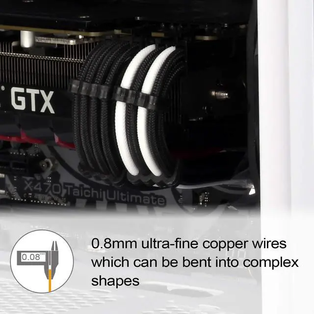 Alt view image 10 of 14 - SST-PP07E-PCIBW,  6+2pin black-white sleeve extension cable, 18AWG, black cable comb x 4