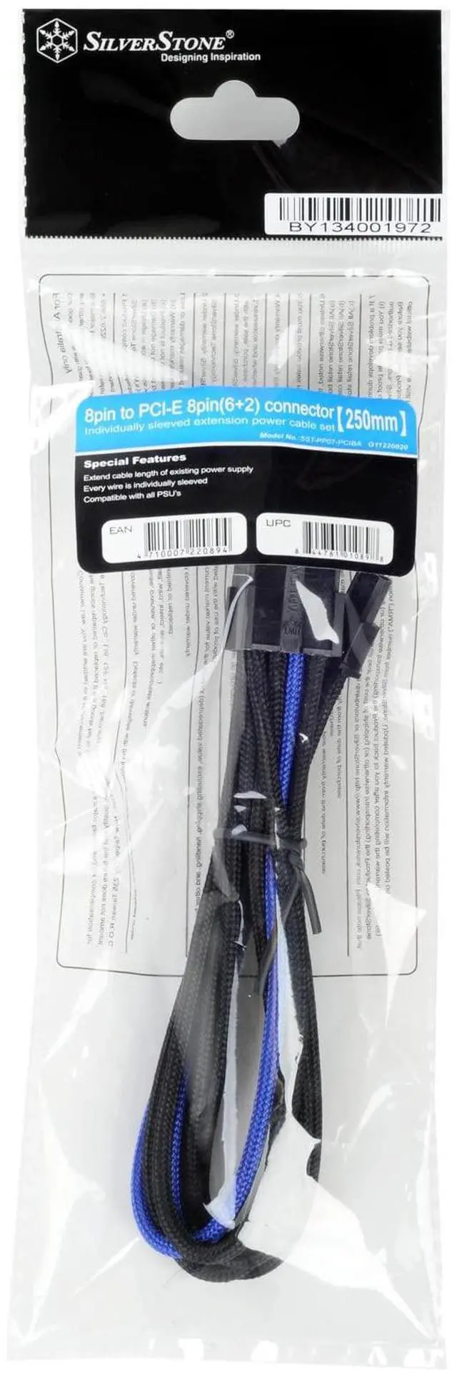 Alt view image 2 of 2 - Silverstone PP07-PCIBA Sleeved Power Supply Extension Cable with 1 x 8-pin PCIe to 8-pin PCIe Connector, Black and Blue, SST-PP07-PCIBA